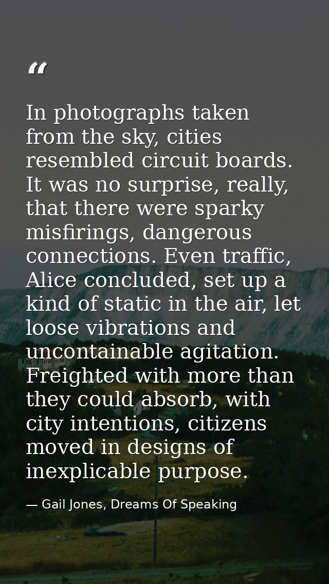 In photographs taken from the sky, cities resembled circuit boards. It was no surprise, really, that there were sparky m — Gail Jones, Dreams Of Speaking