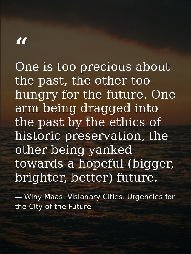 One is too precious about the past, the other too hungry for the future. One arm being dragged into the past by the ethi — Winy Maas, Visionary Cities. Urgencies for the City of the Future