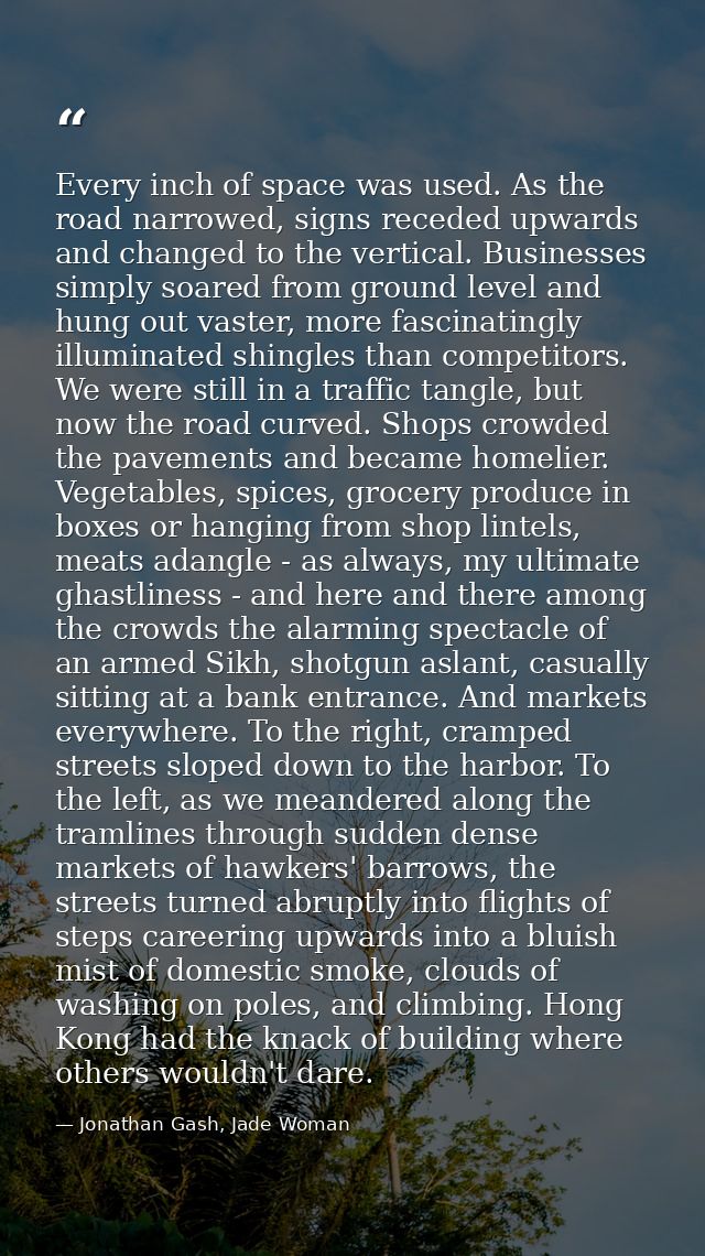 Every inch of space was used. As the road narrowed, signs receded upwards and changed to the vertical. Businesses simply — Jonathan Gash, Jade Woman