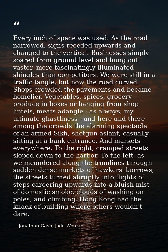 Every inch of space was used. As the road narrowed, signs receded upwards and changed to the vertical. Businesses simply — Jonathan Gash, Jade Woman