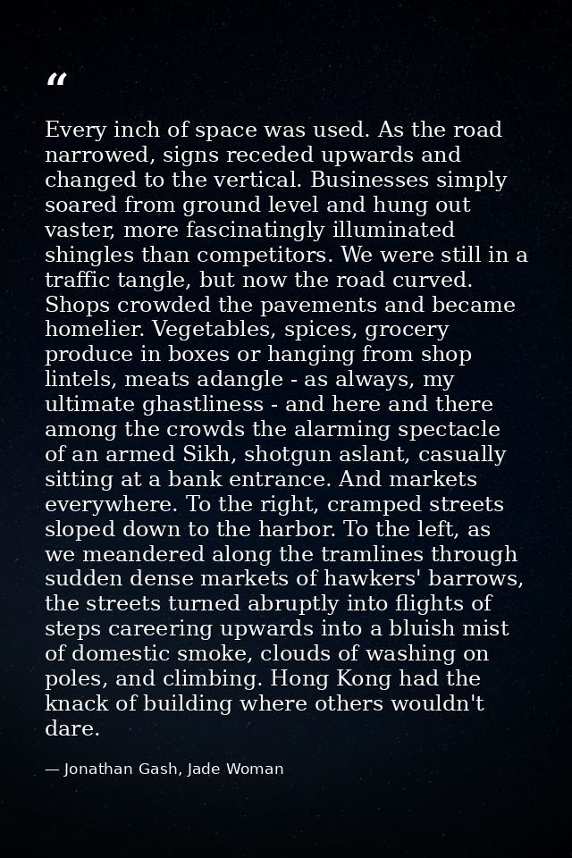 Every inch of space was used. As the road narrowed, signs receded upwards and changed to the vertical. Businesses simply — Jonathan Gash, Jade Woman