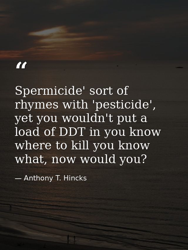 Spermicide' sort of rhymes with 'pesticide', yet you wouldn't put a load of DDT in you know where to kill you know what, — Anthony T. Hincks