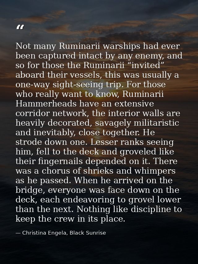 Not many Ruminarii warships had ever been captured intact by any enemy, and so for those the Ruminarii “invited” aboard  — Christina Engela, Black Sunrise