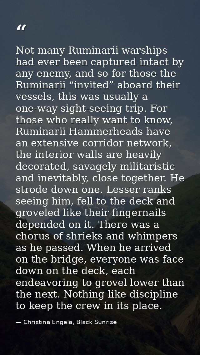 Not many Ruminarii warships had ever been captured intact by any enemy, and so for those the Ruminarii “invited” aboard  — Christina Engela, Black Sunrise