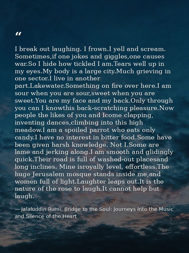 I break out laughing. I frown.I yell and scream. Sometimes,if one jokes and giggles,one causes war.So I hide how tickled — Jalaluddin Rumi, Bridge to the Soul: Journeys Into the Music and Silence of the Heart
