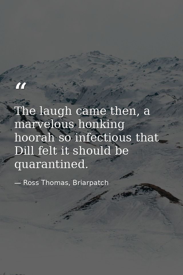 The laugh came then, a marvelous honking hoorah so infectious that Dill felt it should be quarantined. — Ross Thomas, Briarpatch
