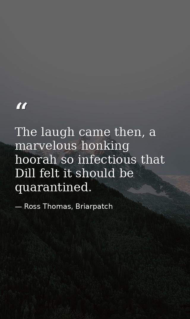 The laugh came then, a marvelous honking hoorah so infectious that Dill felt it should be quarantined. — Ross Thomas, Briarpatch