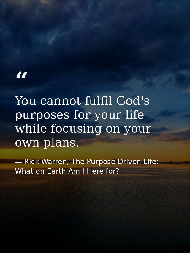 You cannot fulfil God's purposes for your life while focusing on your own plans. — Rick Warren, The Purpose Driven Life: What on Earth Am I Here for?
