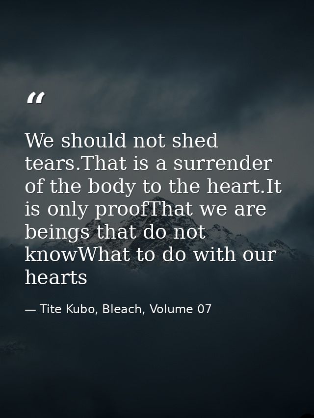We should not shed tears.That is a surrender of the body to the heart.It is only proofThat we are beings that do not kno — Tite Kubo, Bleach, Volume 07