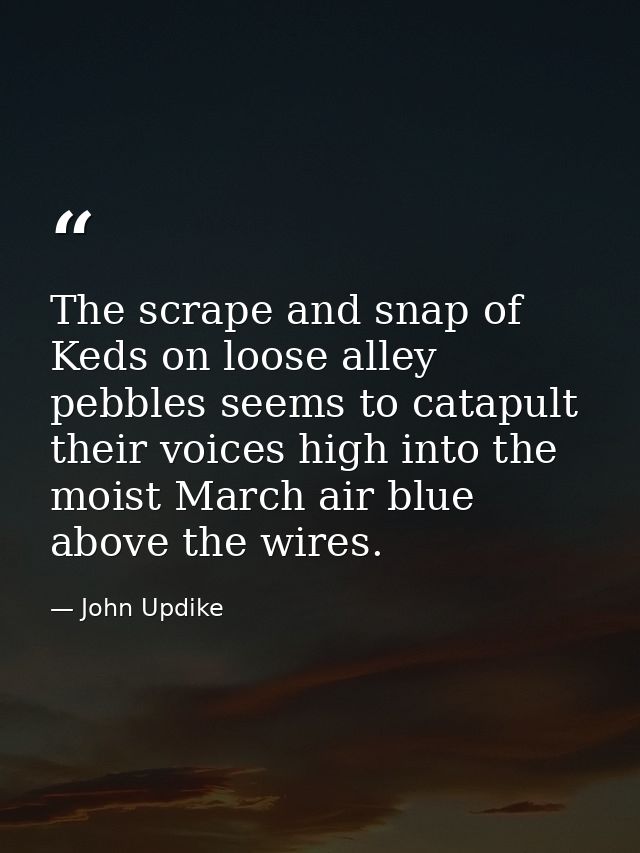 The scrape and snap of Keds on loose alley pebbles seems to catapult their voices high into the moist March air blue abo — John Updike