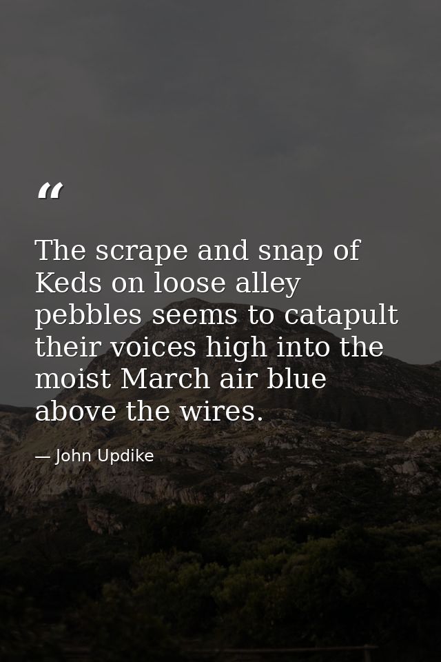 The scrape and snap of Keds on loose alley pebbles seems to catapult their voices high into the moist March air blue abo — John Updike