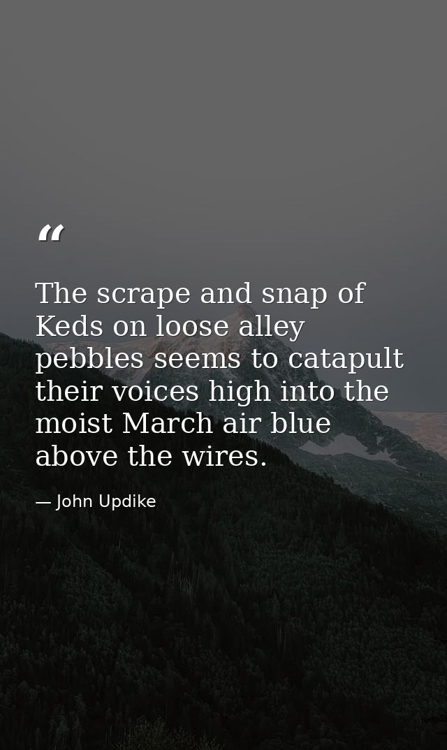 The scrape and snap of Keds on loose alley pebbles seems to catapult their voices high into the moist March air blue abo — John Updike