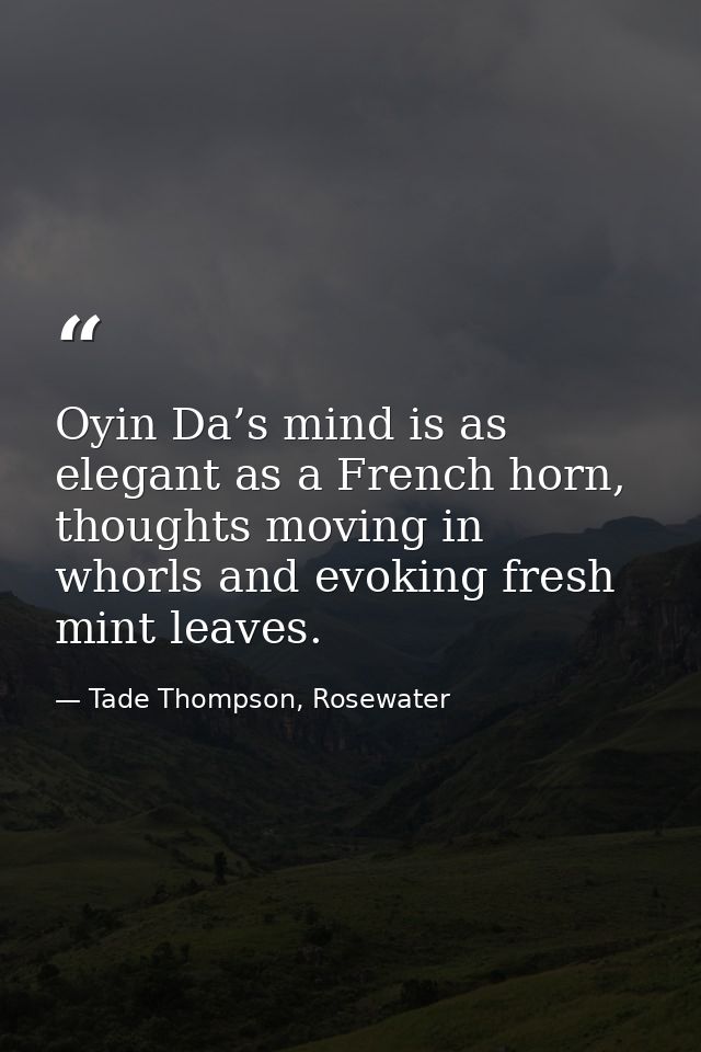 Oyin Da’s mind is as elegant as a French horn, thoughts moving in whorls and evoking fresh mint leaves. — Tade Thompson, Rosewater