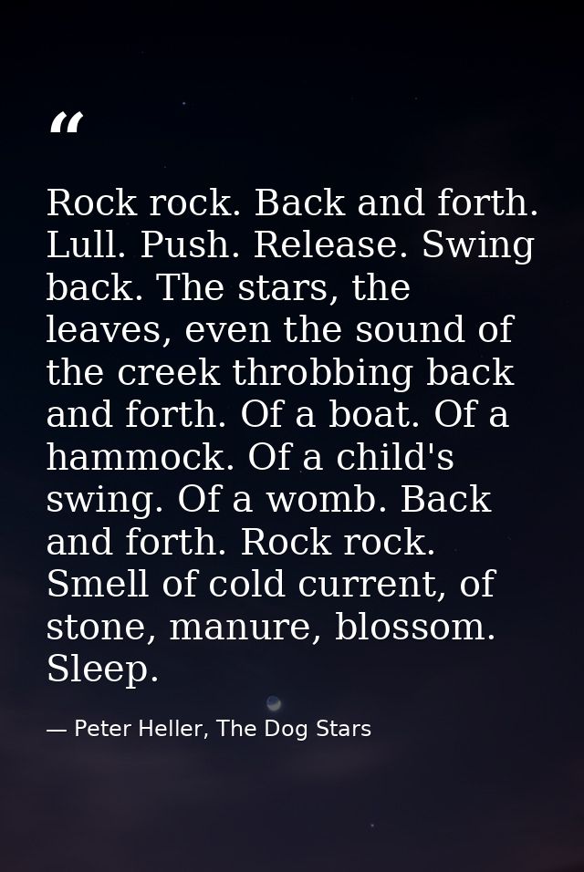 Rock rock. Back and forth. Lull. Push. Release. Swing back. The stars, the leaves, even the sound of the creek throbbing — Peter Heller, The Dog Stars