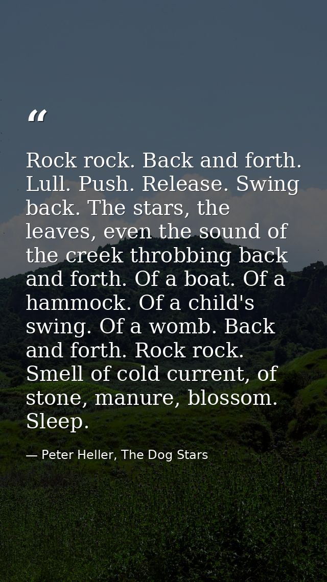 Rock rock. Back and forth. Lull. Push. Release. Swing back. The stars, the leaves, even the sound of the creek throbbing — Peter Heller, The Dog Stars