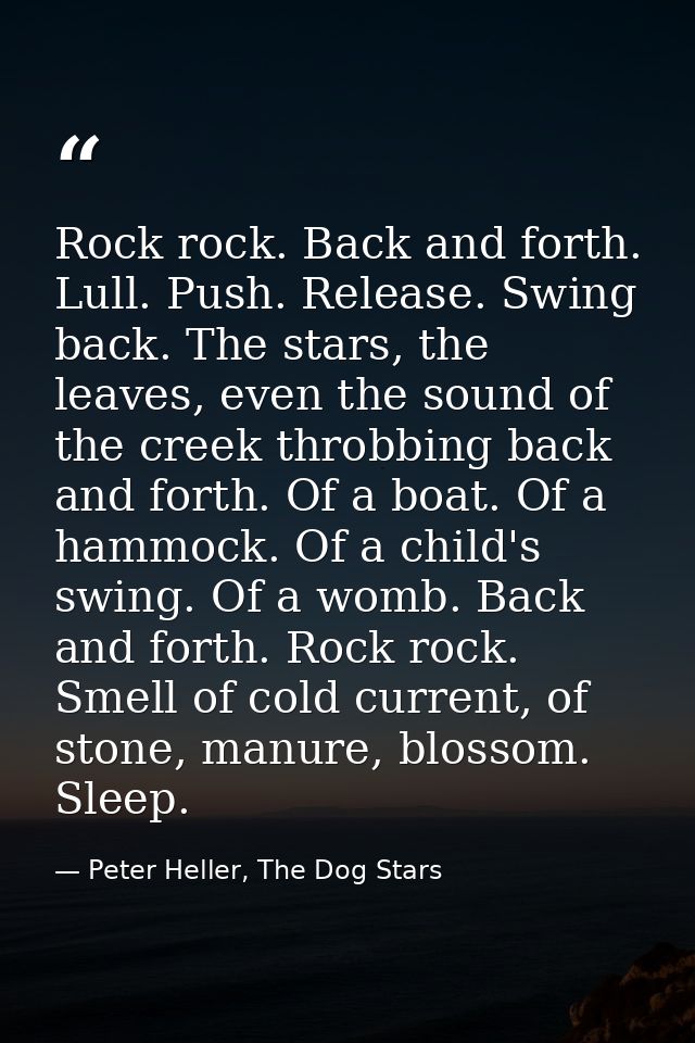 Rock rock. Back and forth. Lull. Push. Release. Swing back. The stars, the leaves, even the sound of the creek throbbing — Peter Heller, The Dog Stars