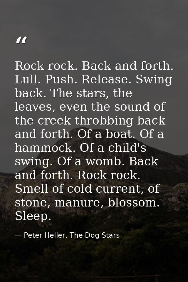 Rock rock. Back and forth. Lull. Push. Release. Swing back. The stars, the leaves, even the sound of the creek throbbing — Peter Heller, The Dog Stars