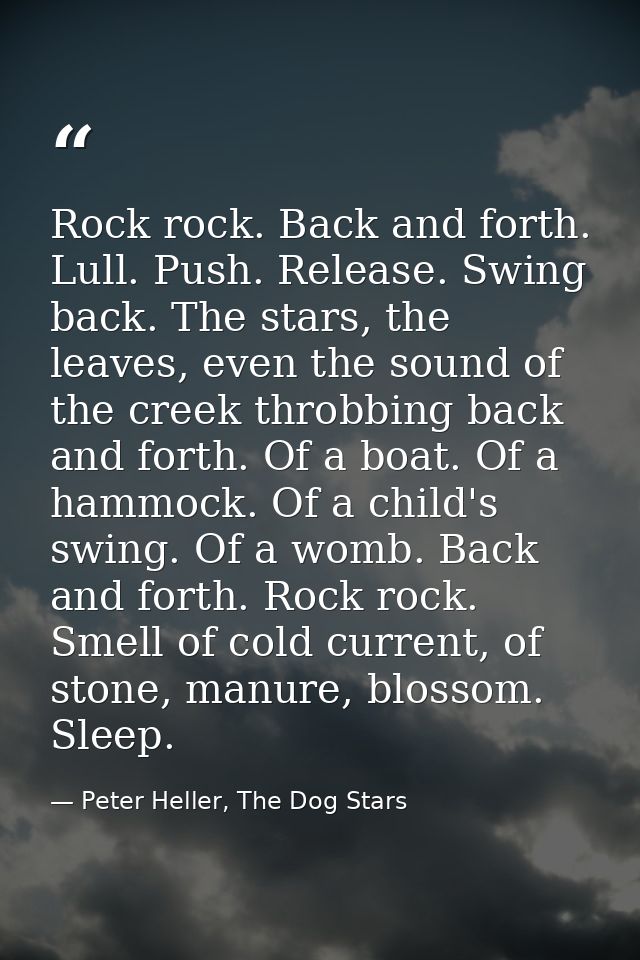 Rock rock. Back and forth. Lull. Push. Release. Swing back. The stars, the leaves, even the sound of the creek throbbing — Peter Heller, The Dog Stars