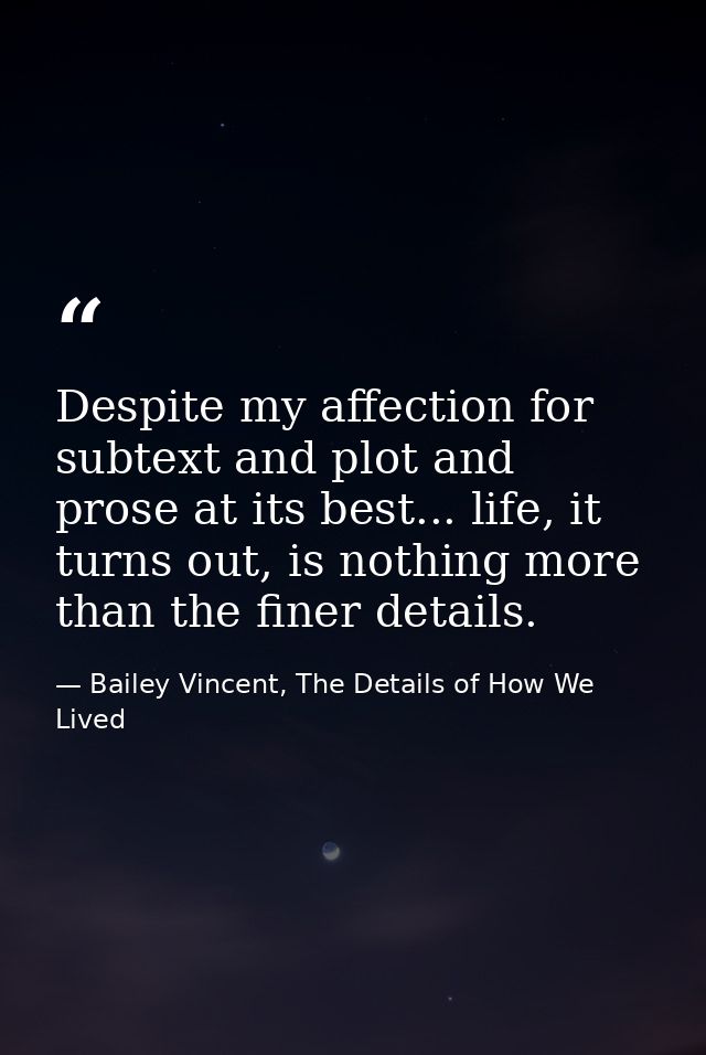 Despite my affection for subtext and plot and prose at its best... life, it turns out, is nothing more than the finer de — Bailey Vincent, The Details of How We Lived