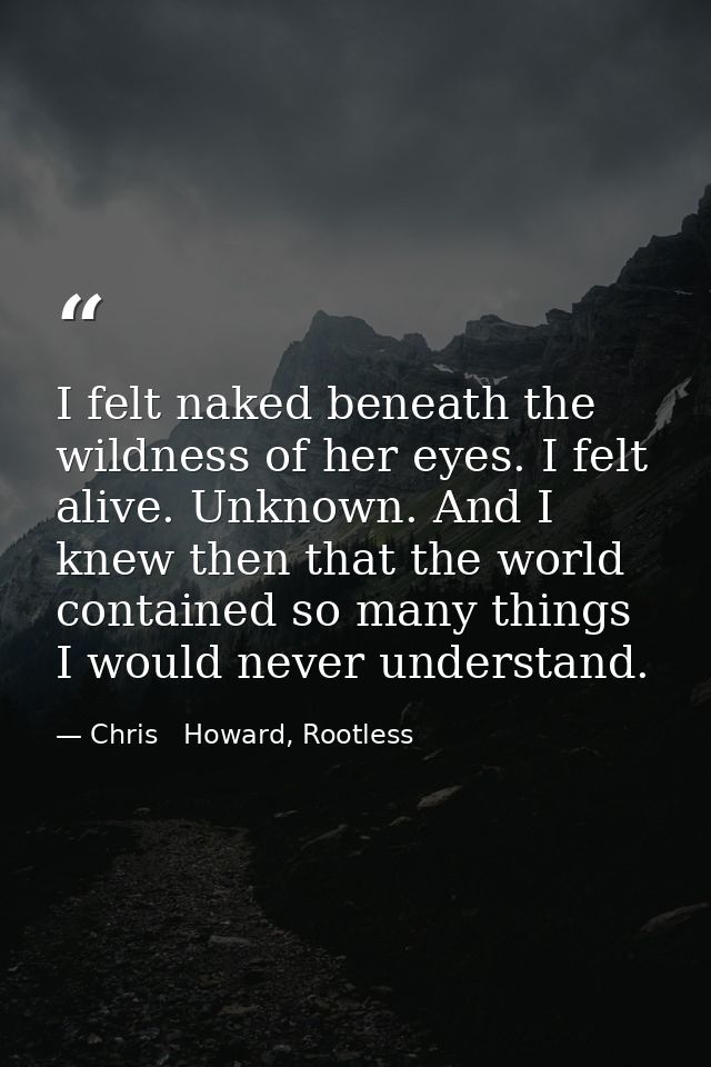 I felt naked beneath the wildness of her eyes. I felt alive. Unknown. And I knew then that the world contained so many t — Chris   Howard, Rootless