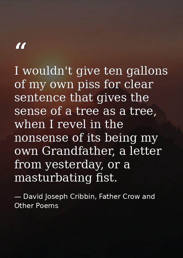 I wouldn't give ten gallons of my own piss for clear sentence that gives the sense of a tree as a tree, when I revel in  — David Joseph Cribbin, Father Crow and Other Poems