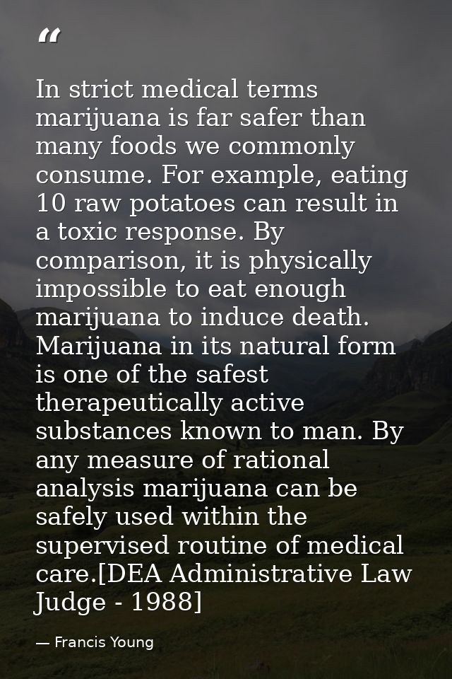 In strict medical terms marijuana is far safer than many foods we commonly consume. For example, eating 10 raw potatoes  — Francis Young