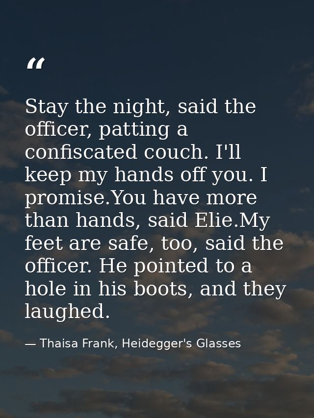 Stay the night, said the officer, patting a confiscated couch. I'll keep my hands off you. I promise.You have more than  — Thaisa Frank, Heidegger's Glasses
