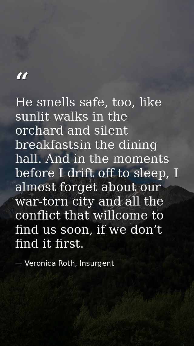 He smells safe, too, like sunlit walks in the orchard and silent breakfastsin the dining hall. And in the moments before — Veronica Roth, Insurgent