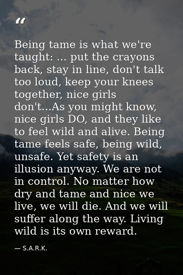 Being tame is what we're taught: ... put the crayons back, stay in line, don't talk too loud, keep your knees together,  — S.A.R.K.