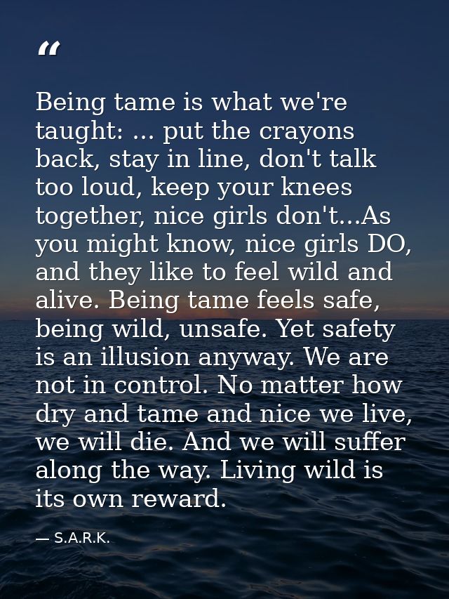 Being tame is what we're taught: ... put the crayons back, stay in line, don't talk too loud, keep your knees together,  — S.A.R.K.