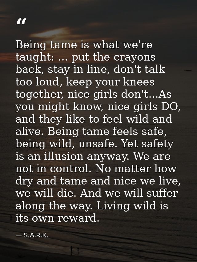 Being tame is what we're taught: ... put the crayons back, stay in line, don't talk too loud, keep your knees together,  — S.A.R.K.