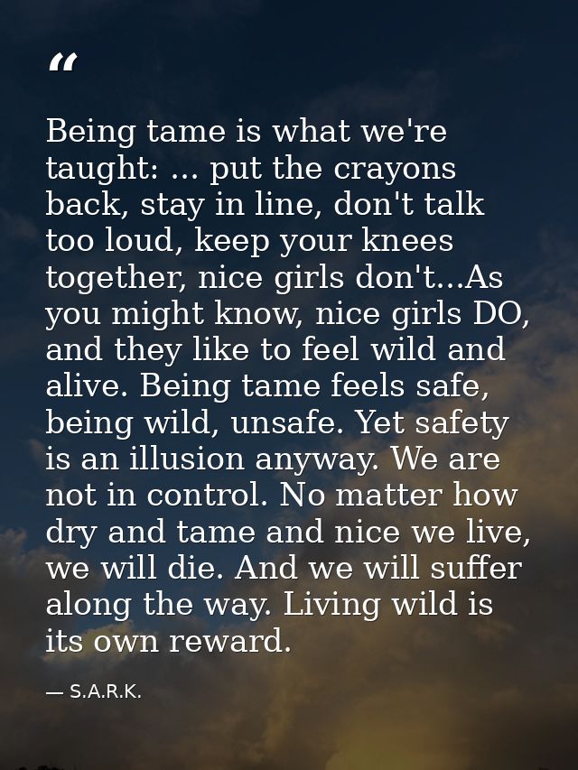 Being tame is what we're taught: ... put the crayons back, stay in line, don't talk too loud, keep your knees together,  — S.A.R.K.