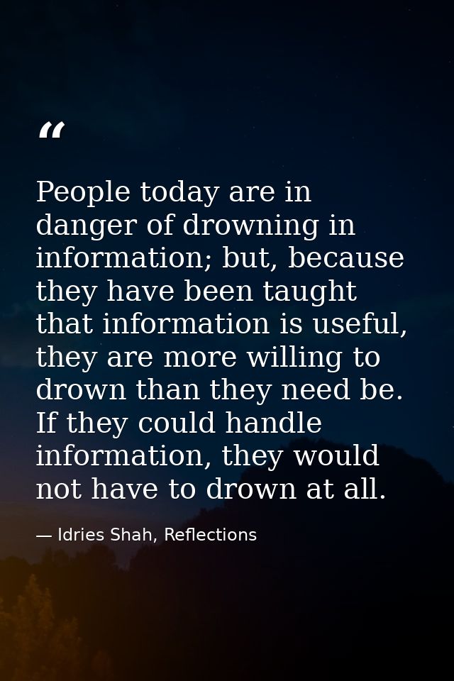 People today are in danger of drowning in information; but, because they have been taught that information is useful, th — Idries Shah, Reflections