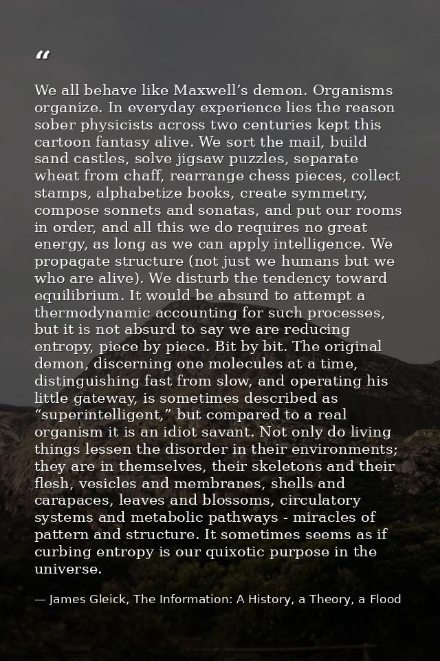 We all behave like Maxwell’s demon. Organisms organize. In everyday experience lies the reason sober physicists across t — James Gleick, The Information: A History, a Theory, a Flood