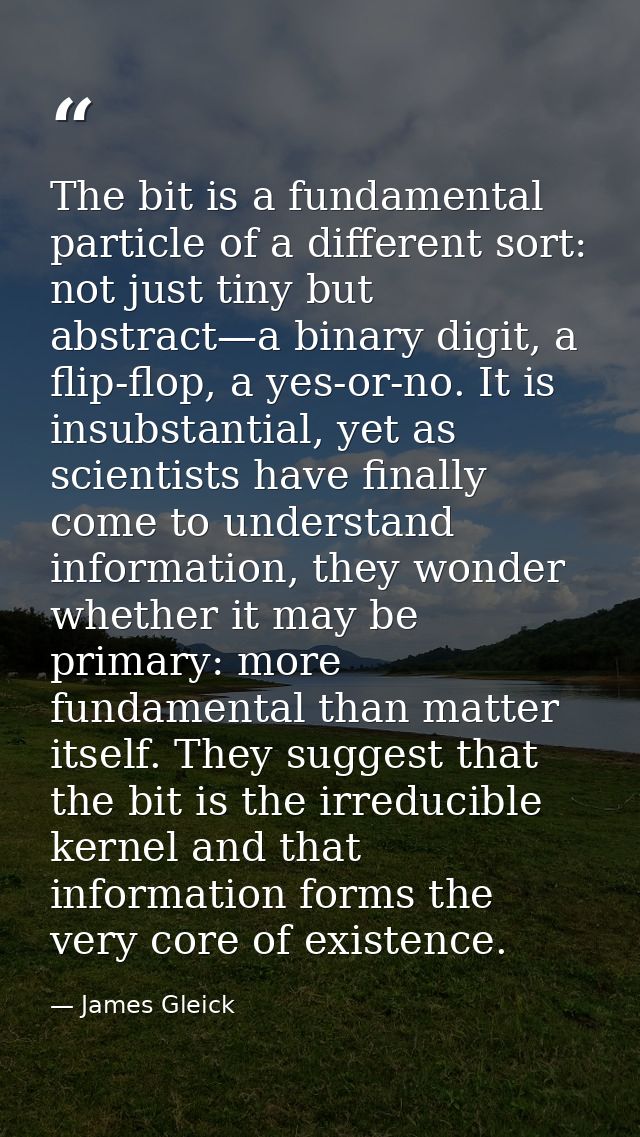 The bit is a fundamental particle of a different sort: not just tiny but abstract—a binary digit, a flip-flop, a yes-or- — James Gleick