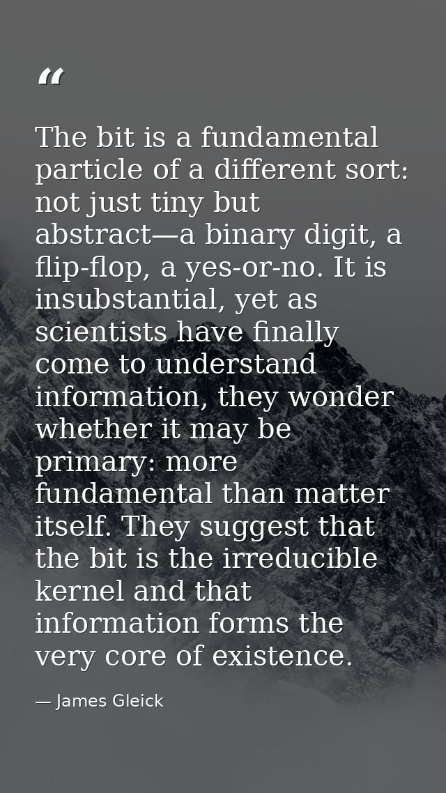 The bit is a fundamental particle of a different sort: not just tiny but abstract—a binary digit, a flip-flop, a yes-or- — James Gleick