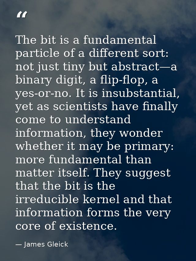 The bit is a fundamental particle of a different sort: not just tiny but abstract—a binary digit, a flip-flop, a yes-or- — James Gleick