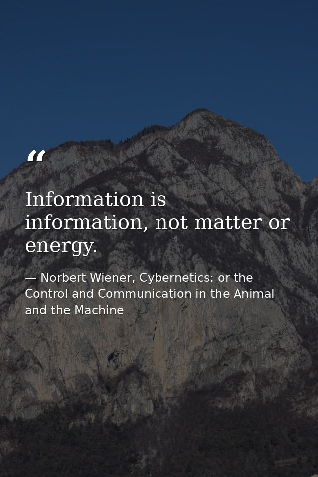 Information is information, not matter or energy. — Norbert Wiener, Cybernetics: or the Control and Communication in the Animal and the Machine