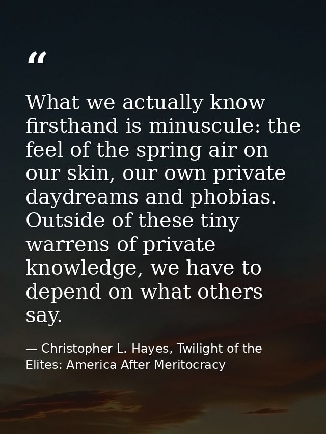 What we actually know firsthand is minuscule: the feel of the spring air on our skin, our own private daydreams and phob — Christopher L. Hayes, Twilight of the Elites: America After Meritocracy
