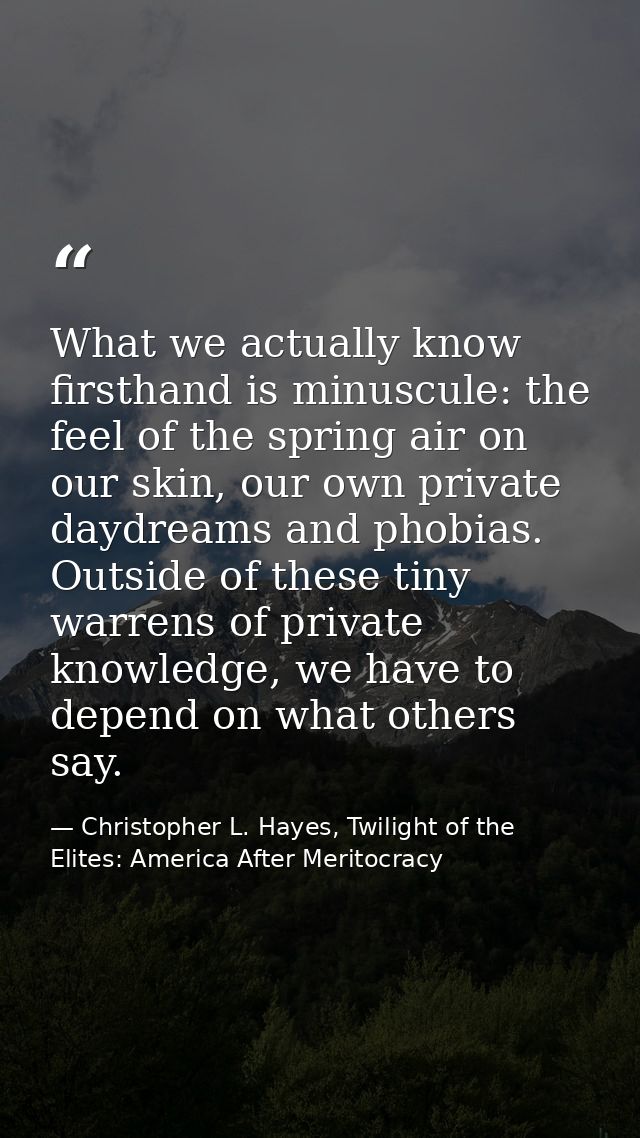 What we actually know firsthand is minuscule: the feel of the spring air on our skin, our own private daydreams and phob — Christopher L. Hayes, Twilight of the Elites: America After Meritocracy