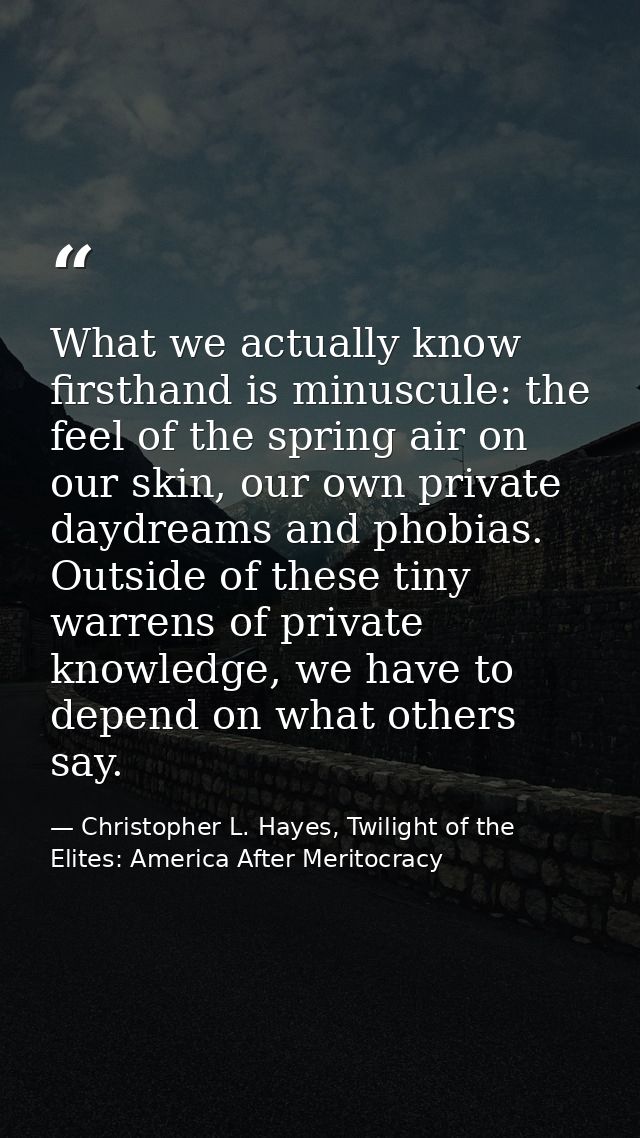What we actually know firsthand is minuscule: the feel of the spring air on our skin, our own private daydreams and phob — Christopher L. Hayes, Twilight of the Elites: America After Meritocracy