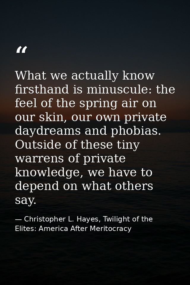 What we actually know firsthand is minuscule: the feel of the spring air on our skin, our own private daydreams and phob — Christopher L. Hayes, Twilight of the Elites: America After Meritocracy