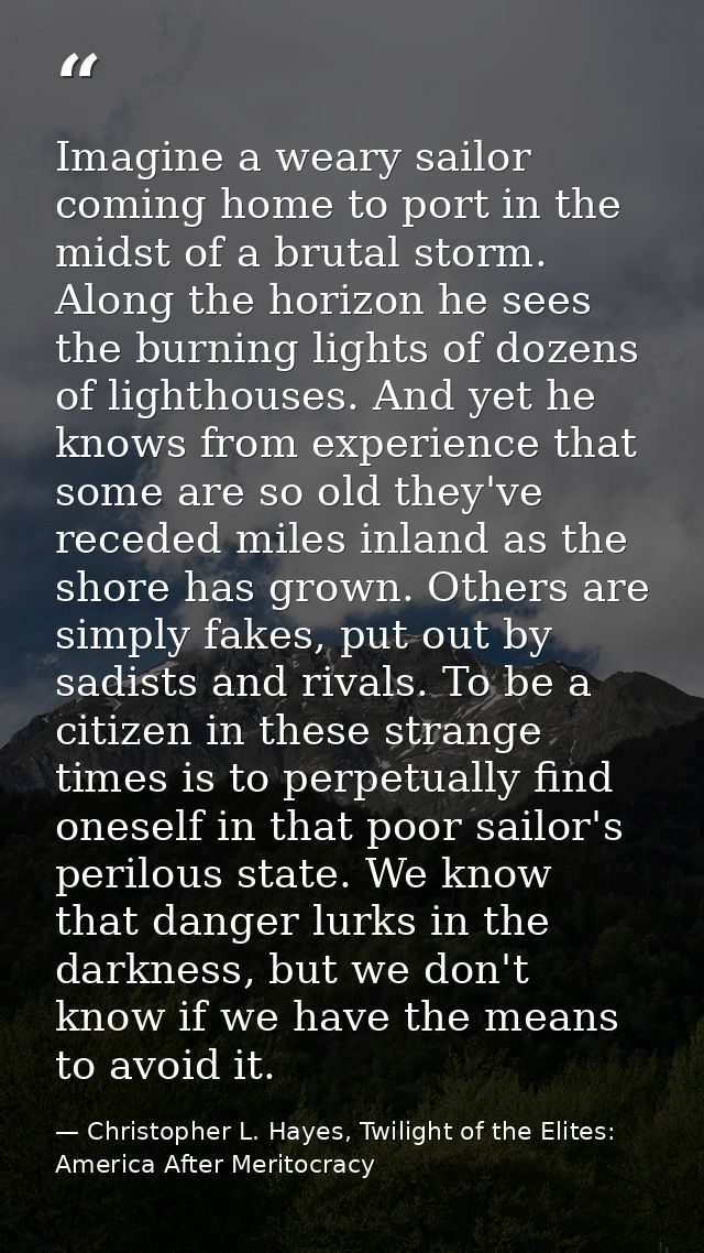 Imagine a weary sailor coming home to port in the midst of a brutal storm. Along the horizon he sees the burning lights  — Christopher L. Hayes, Twilight of the Elites: America After Meritocracy