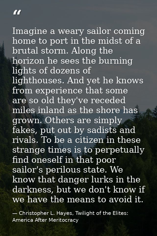 Imagine a weary sailor coming home to port in the midst of a brutal storm. Along the horizon he sees the burning lights  — Christopher L. Hayes, Twilight of the Elites: America After Meritocracy