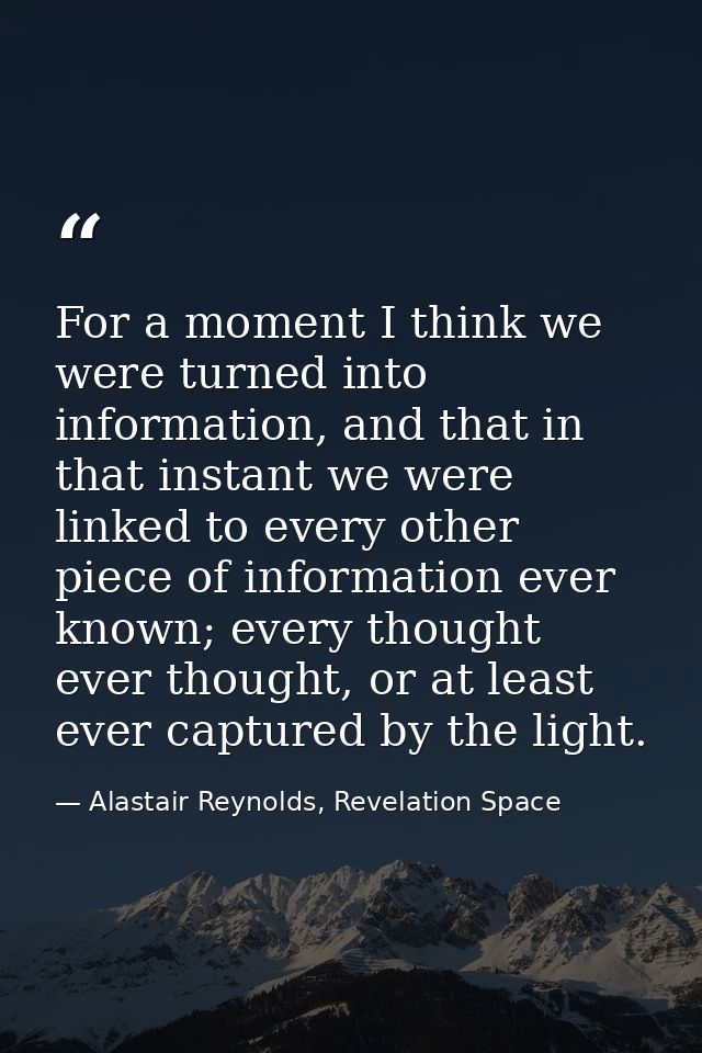 For a moment I think we were turned into information, and that in that instant we were linked to every other piece of in — Alastair Reynolds, Revelation Space