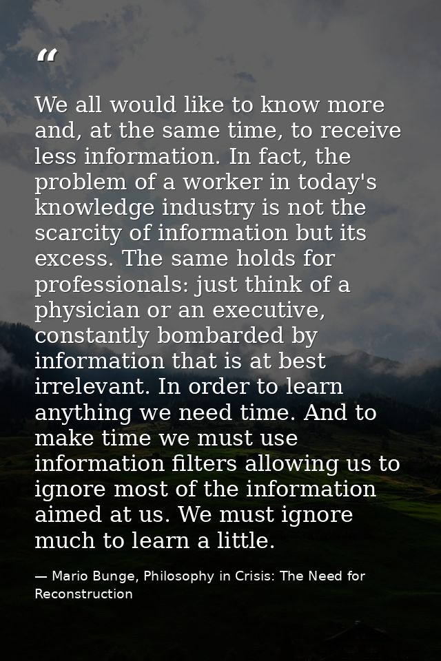 We all would like to know more and, at the same time, to receive less information. In fact, the problem of a worker in t — Mario Bunge, Philosophy in Crisis: The Need for Reconstruction