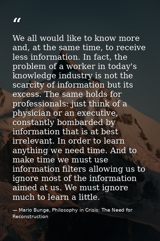 We all would like to know more and, at the same time, to receive less information. In fact, the problem of a worker in t — Mario Bunge, Philosophy in Crisis: The Need for Reconstruction