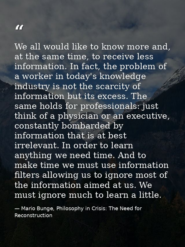 We all would like to know more and, at the same time, to receive less information. In fact, the problem of a worker in t — Mario Bunge, Philosophy in Crisis: The Need for Reconstruction
