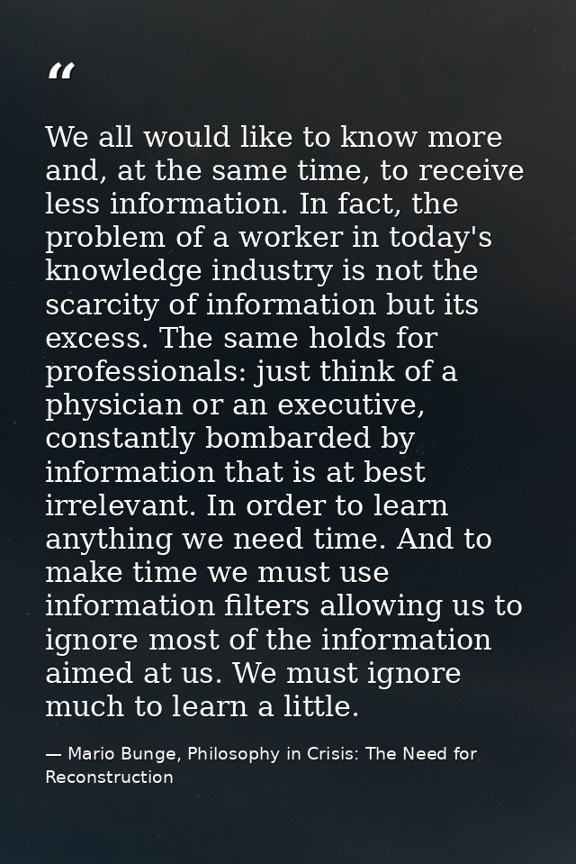 We all would like to know more and, at the same time, to receive less information. In fact, the problem of a worker in t — Mario Bunge, Philosophy in Crisis: The Need for Reconstruction