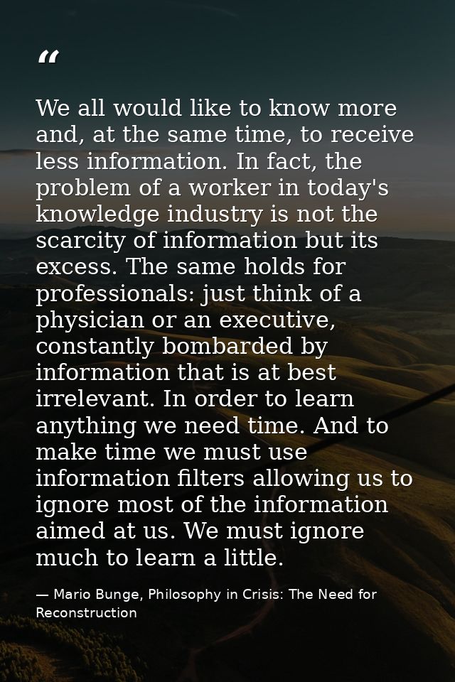 We all would like to know more and, at the same time, to receive less information. In fact, the problem of a worker in t — Mario Bunge, Philosophy in Crisis: The Need for Reconstruction